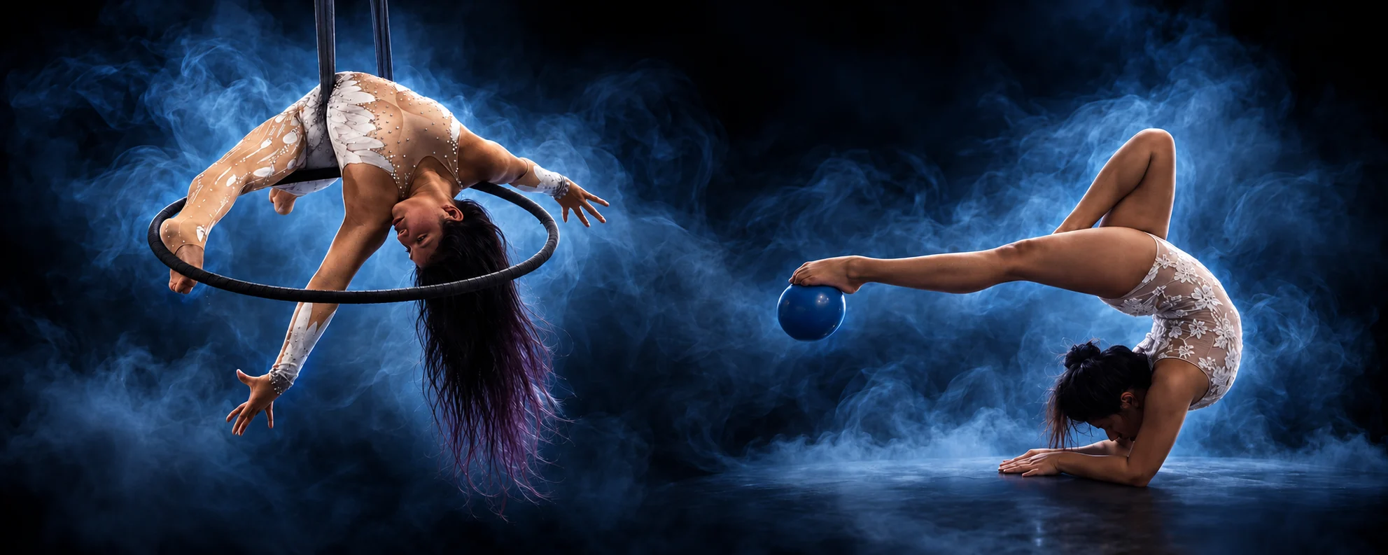 Daniela performing aerial hoop and contortion surrounded by blue smoke
